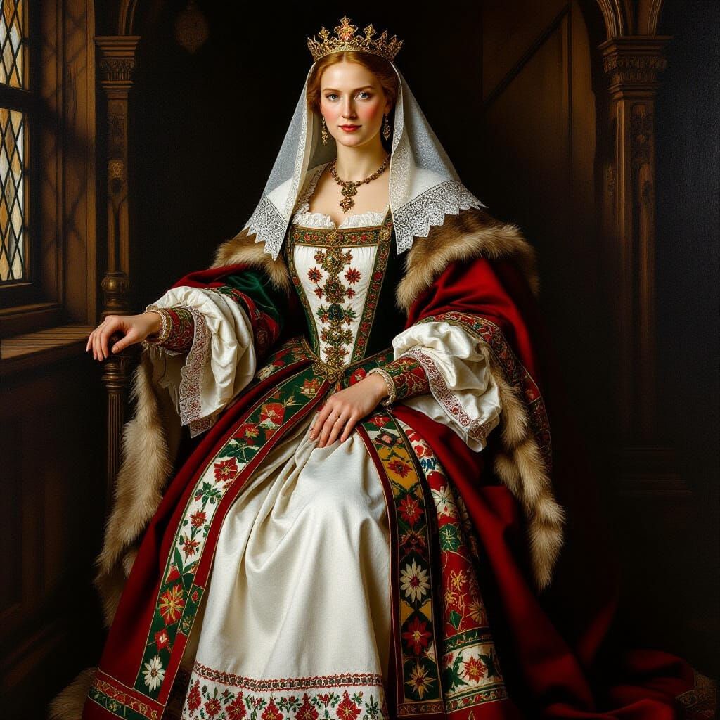 Lithuanian Queen in Traditional Baltic Attire as Oil Paintin...
