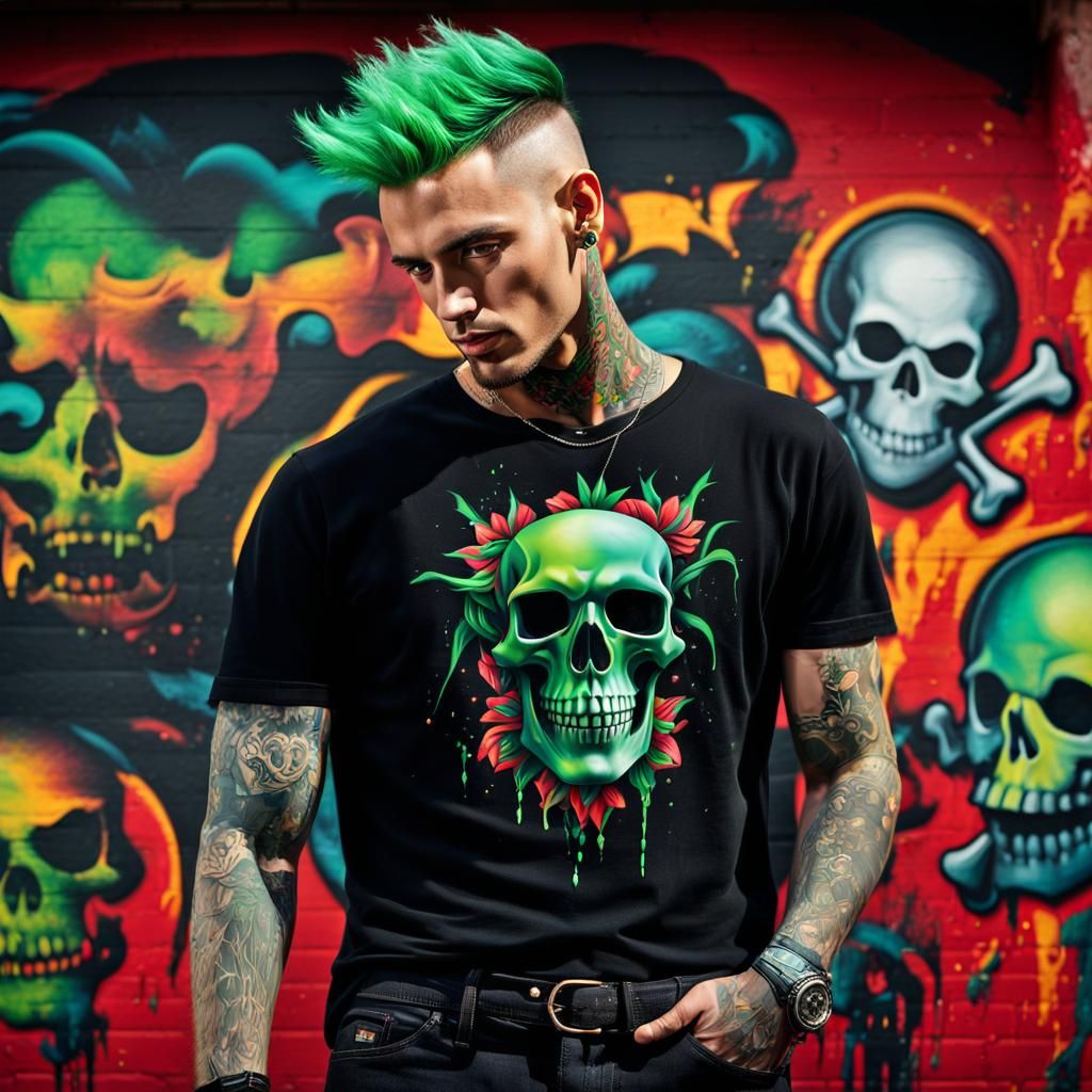 Man with Green Hair and Tattoos with Skulls