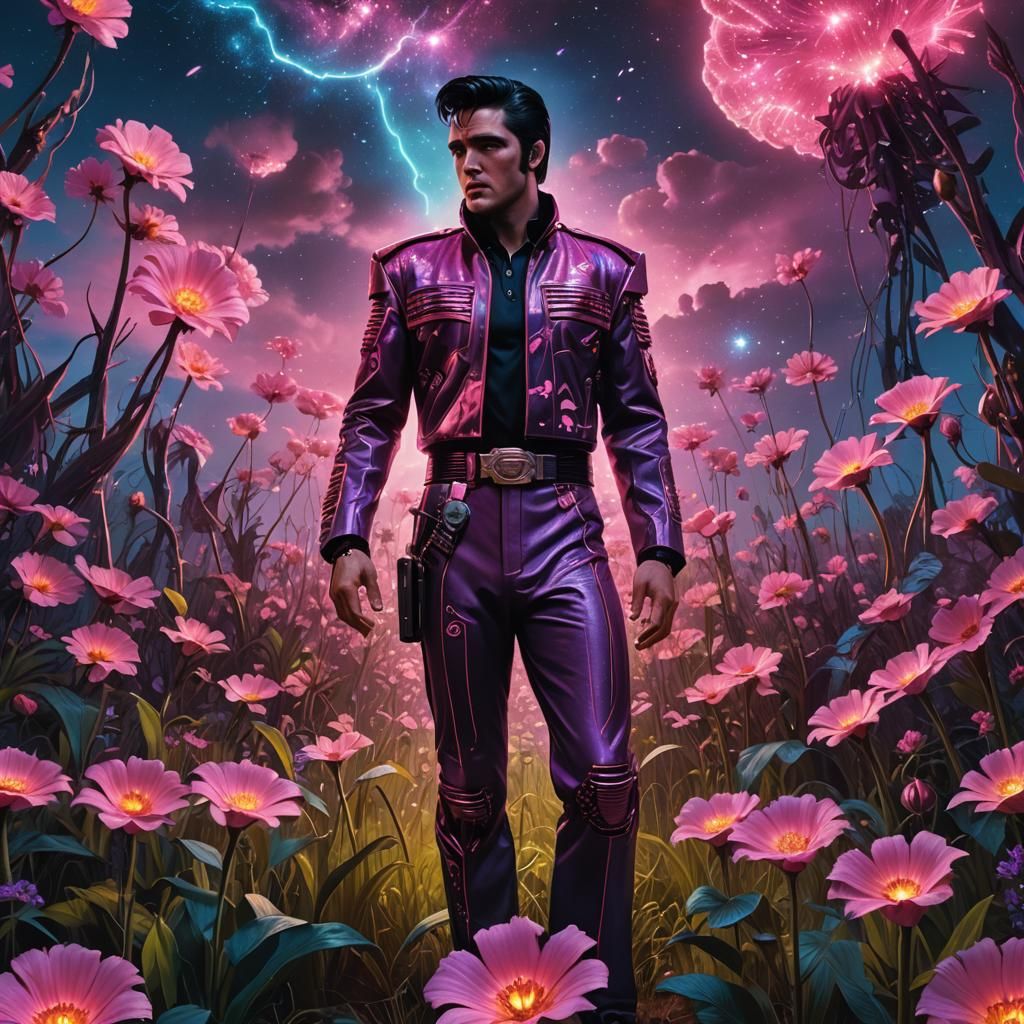 Elvis in Cyberpunk Galaxy with Bioluminescent Flowers