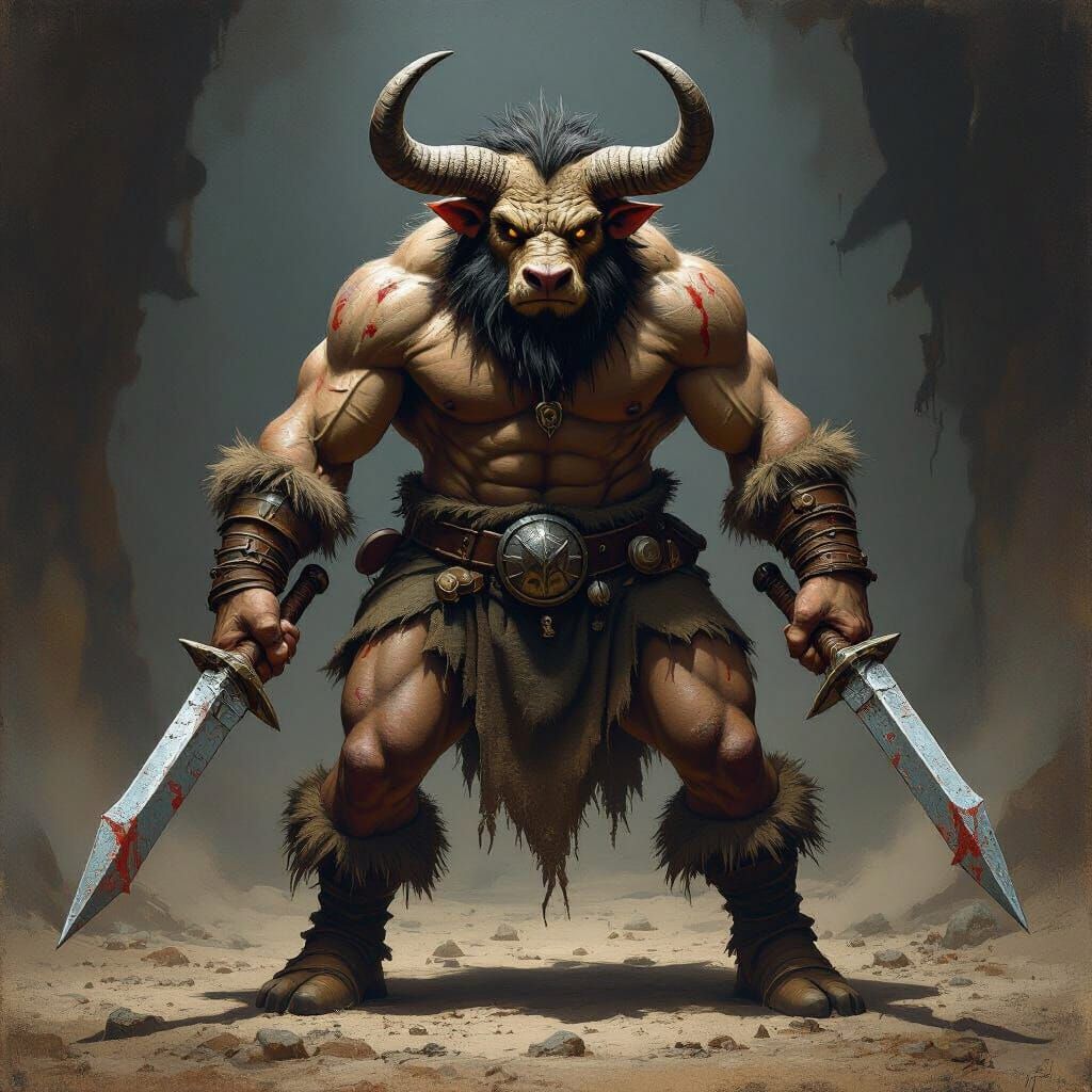 Pygmy Ironhorn: Minotaur Warrior in Gritty Fantasy Art