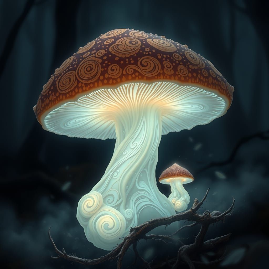 Ethereal Bioluminescent Mushroom Glows in Dark Forest