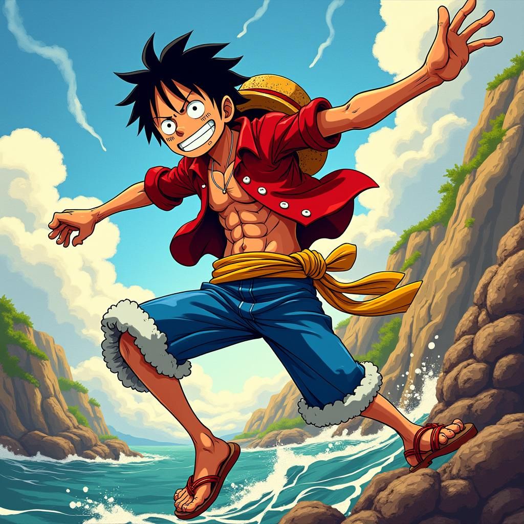 Luffy Leaping Through One Piece Landscape in Anime Style
