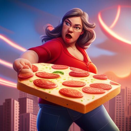 Curvy Woman versus Pizza: 3D Digital Art