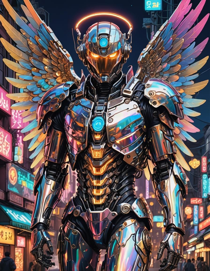 Cyborg Angel in Neon Village: Clockpunk Vaporwave Art