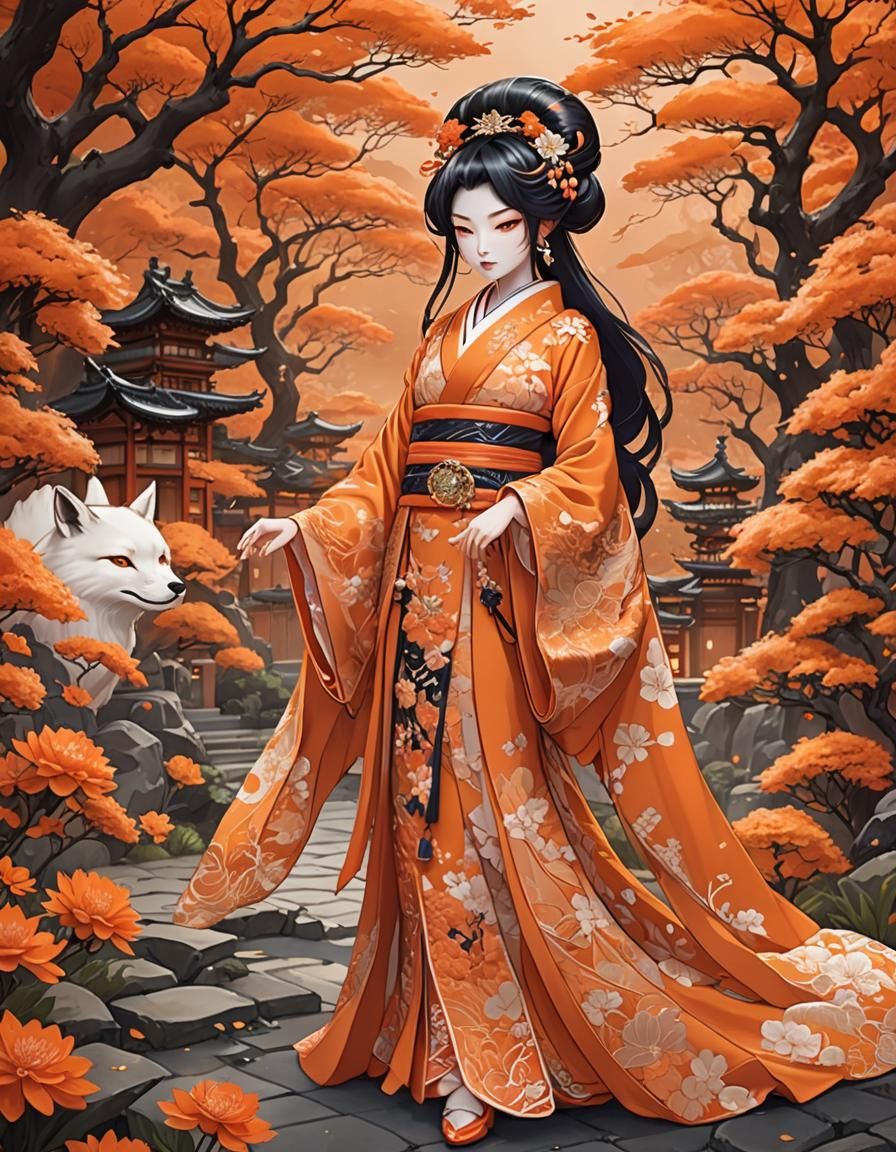 Luminous Kitsune Geisha in Orange Anime Style