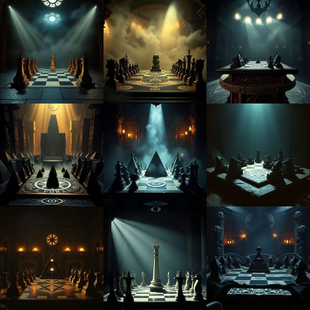 Illuminati Chessboard Masterpiece in Cinematic Film Still