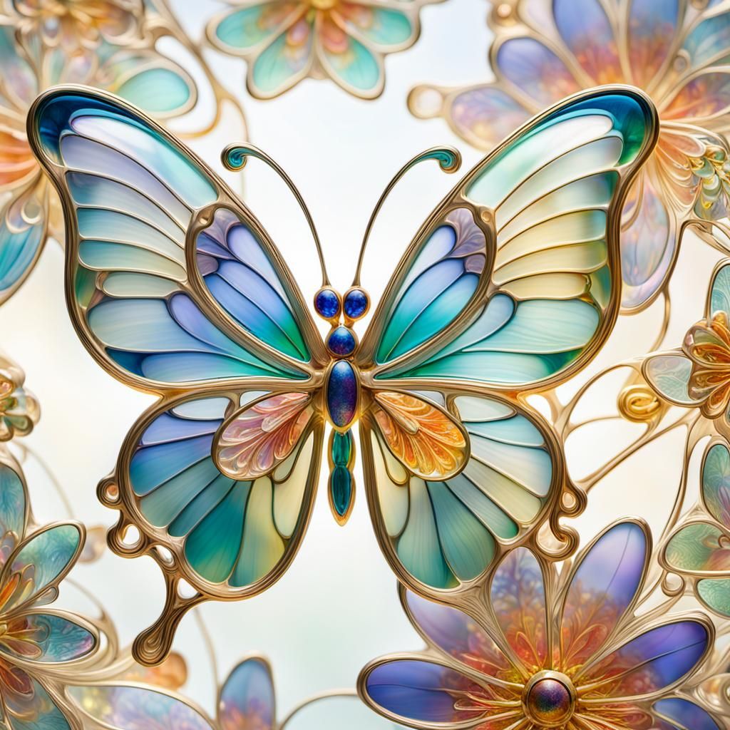Enamel Glass Butterfly in Art Nouveau Style