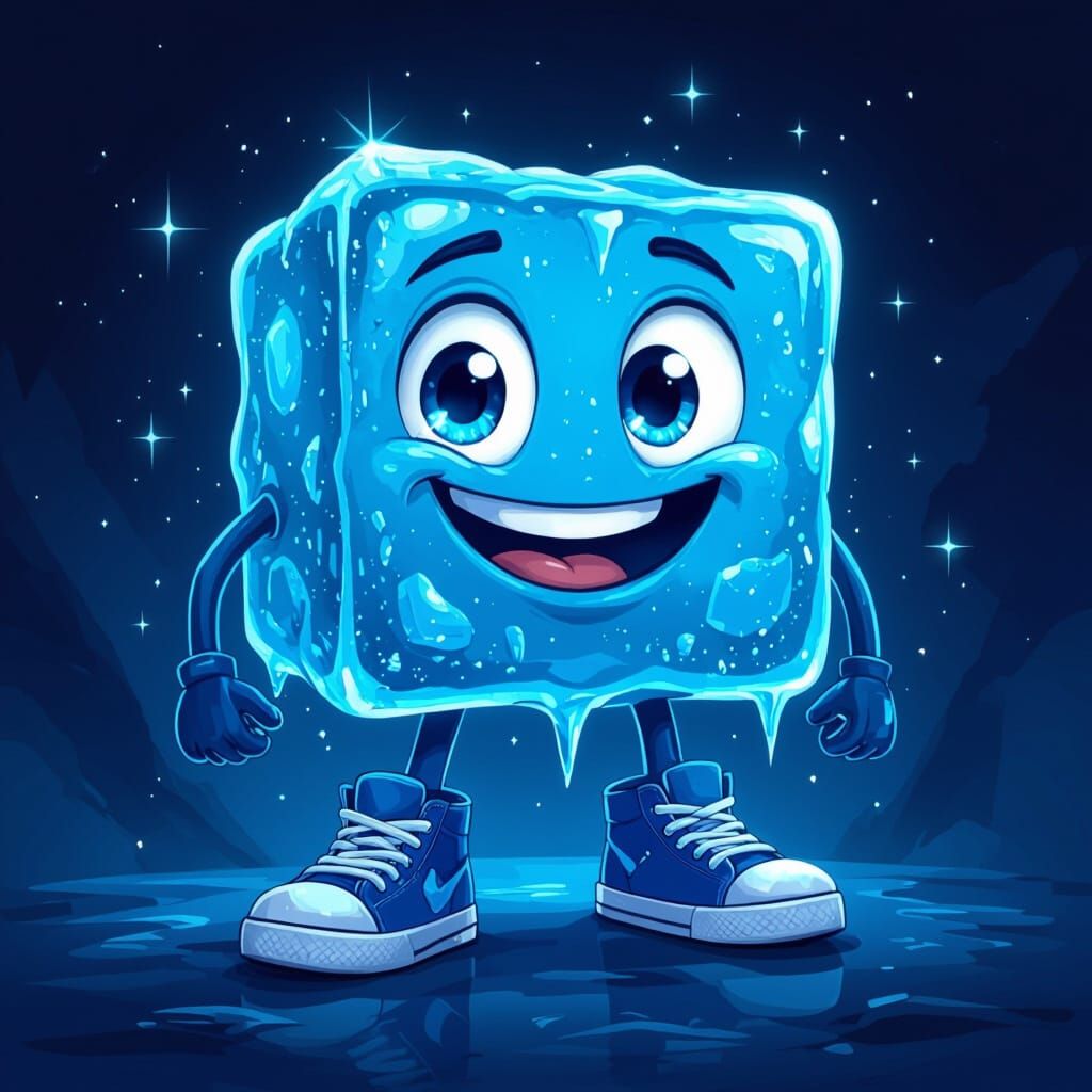 Smiling Ice Cube Character in Stylized Digital Art