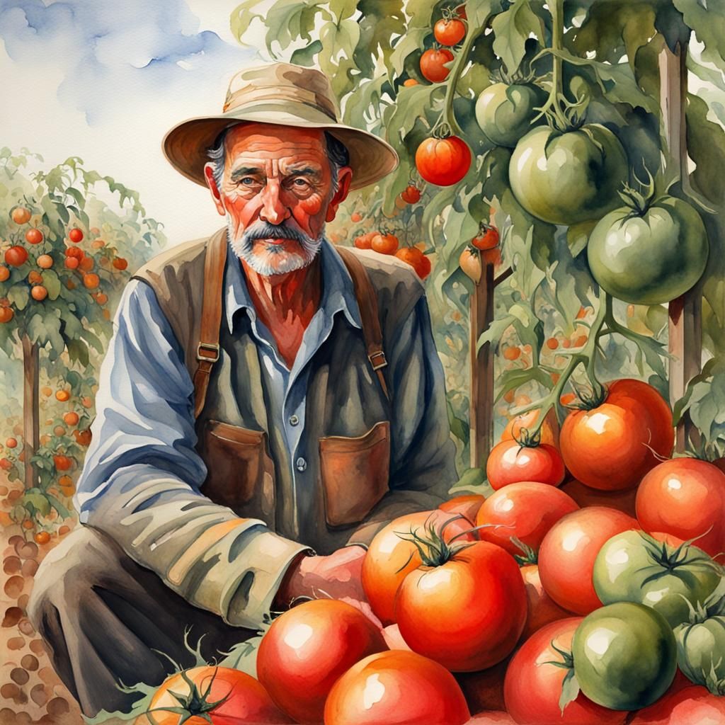 Tomato Farmer in Autumnal Watercolor Style