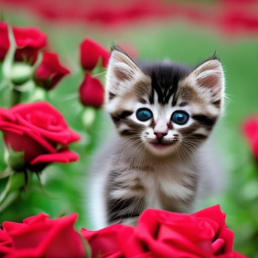 Cute Kitten in a Rose Meadow: Photography