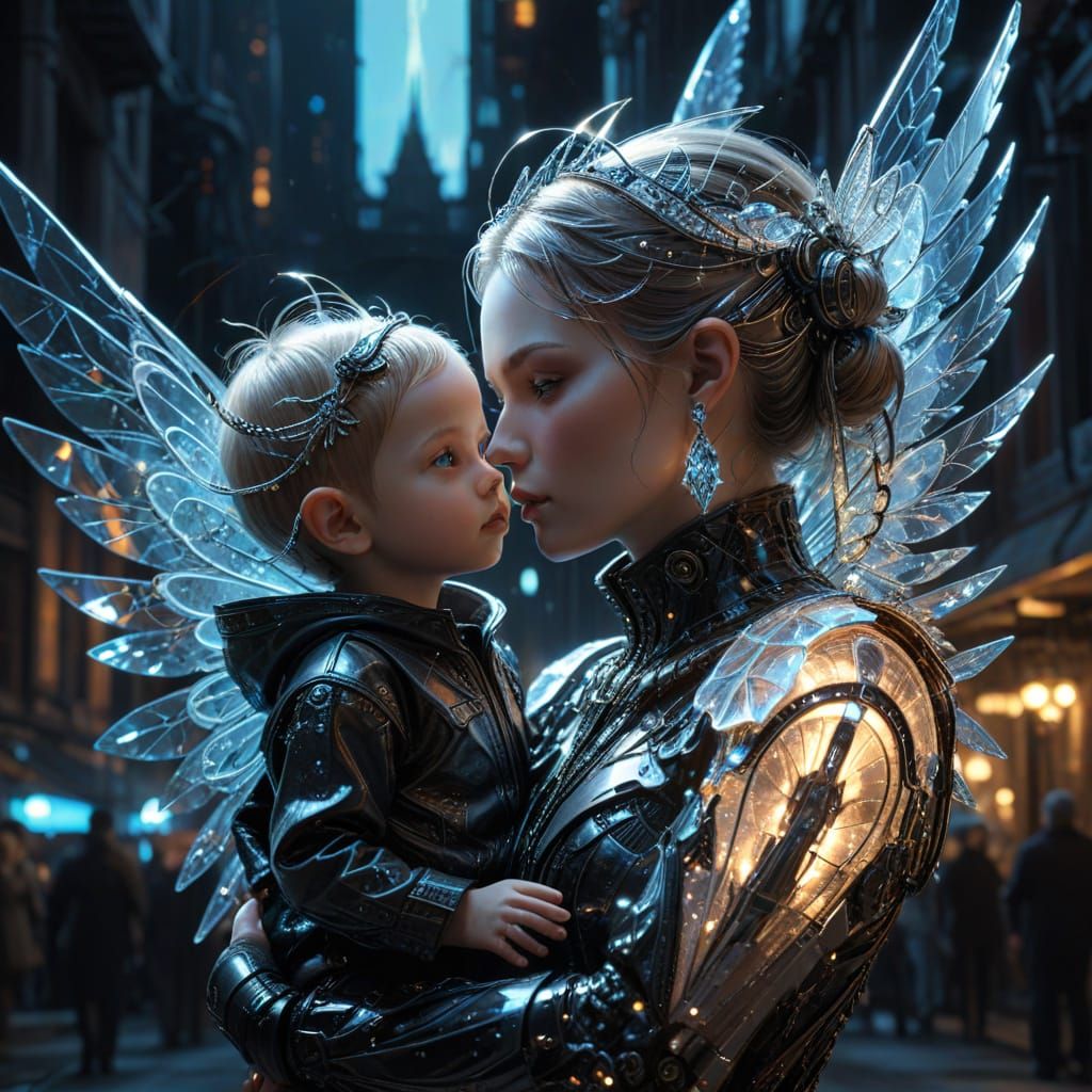 Crystal Fairy Queen in Dystopian Steampunk Cityscape