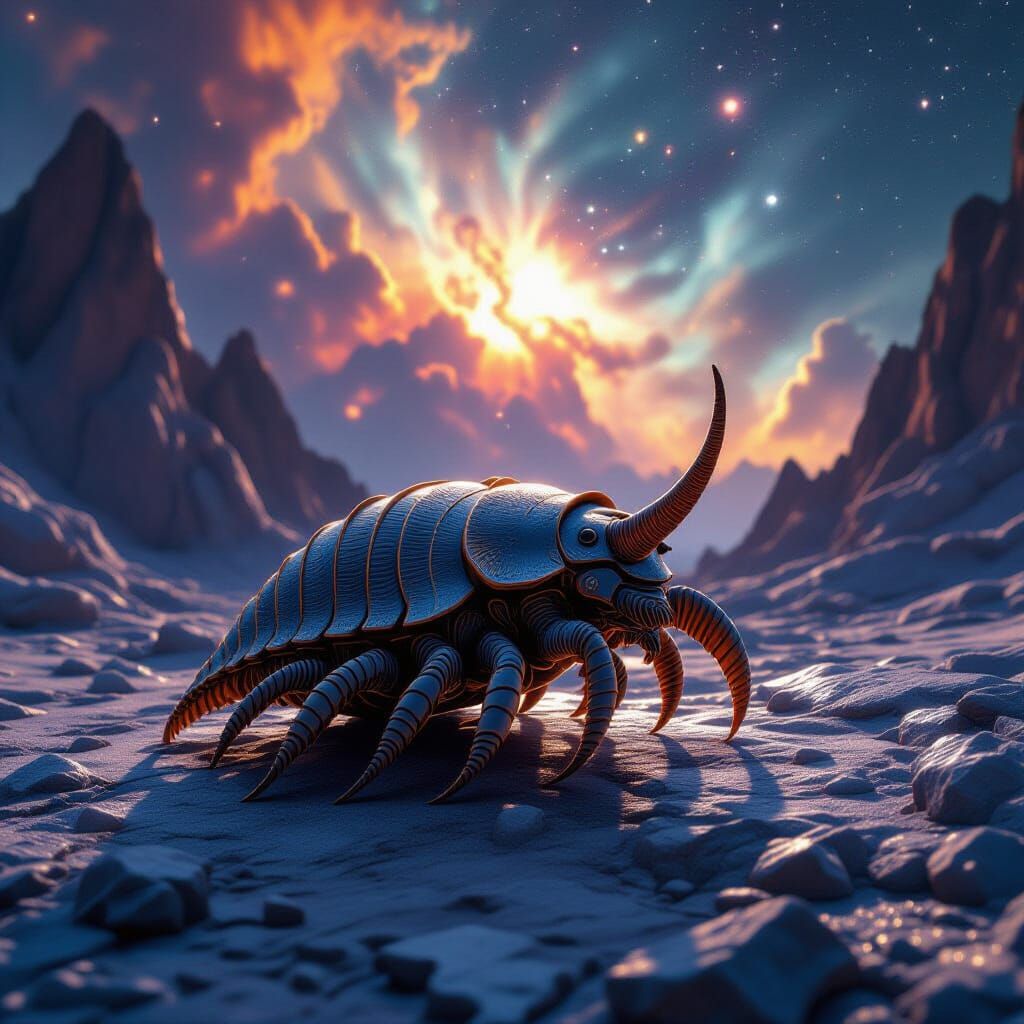 Armored Trilobite Gazing at Nebula in Sci-Fi Landscape