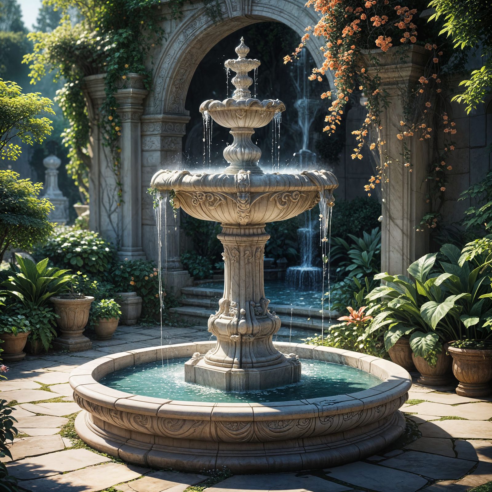Elegant Marble Fountain in a Classical Garden