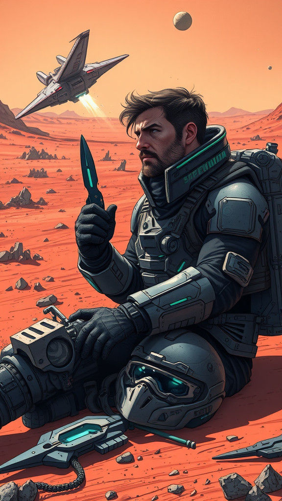 Mars Soldier Gazes at Doomed Spaceship