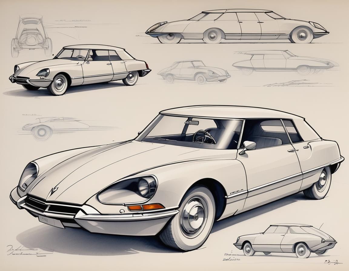 Citroen DS21 Blueprint in Retrofuturist Style