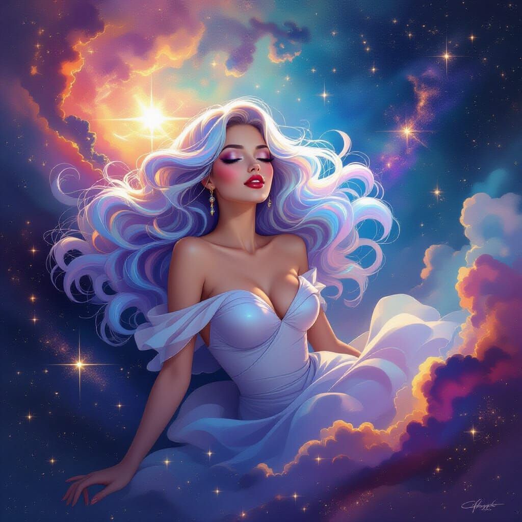 Ethereal Pin-Up Woman in Cosmic Nebula