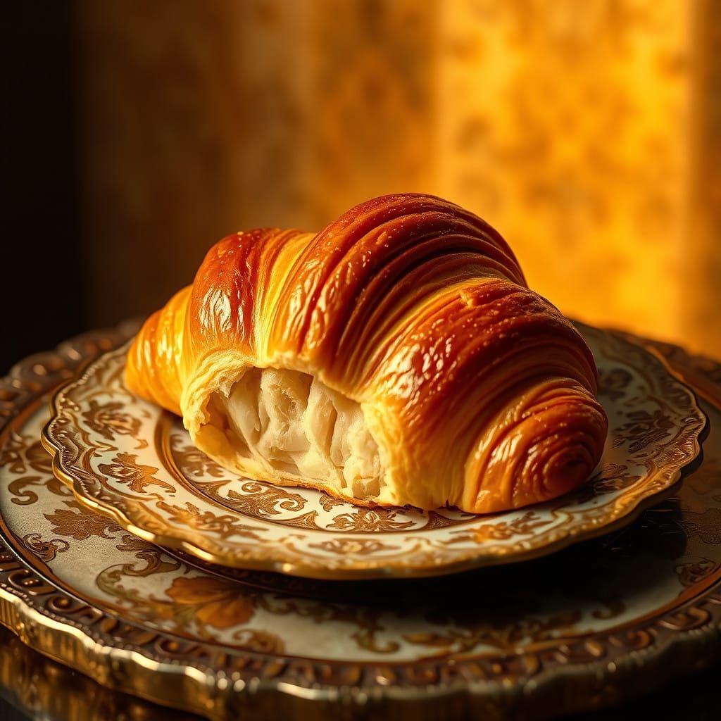 Golden Croissant on Ornate Plate in Hyperrealistic Detail