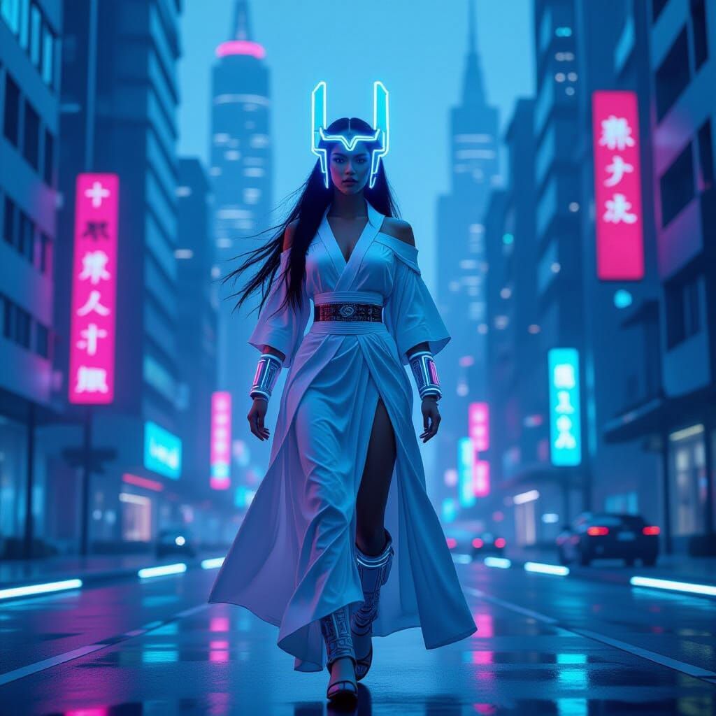 Polynesian Princess in Cyberpunk Cityscape