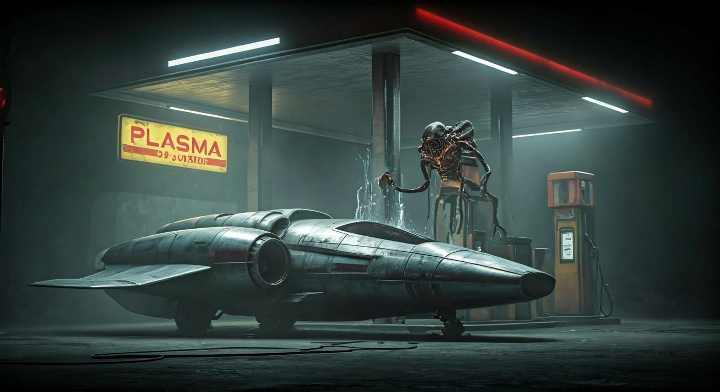 Alien Gas Station with Spaceship in 3D Rendered Style
