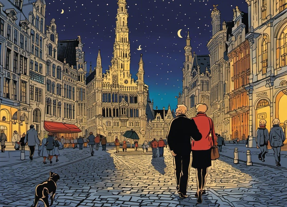 Grand Place Brussels at Night, Hergé Style