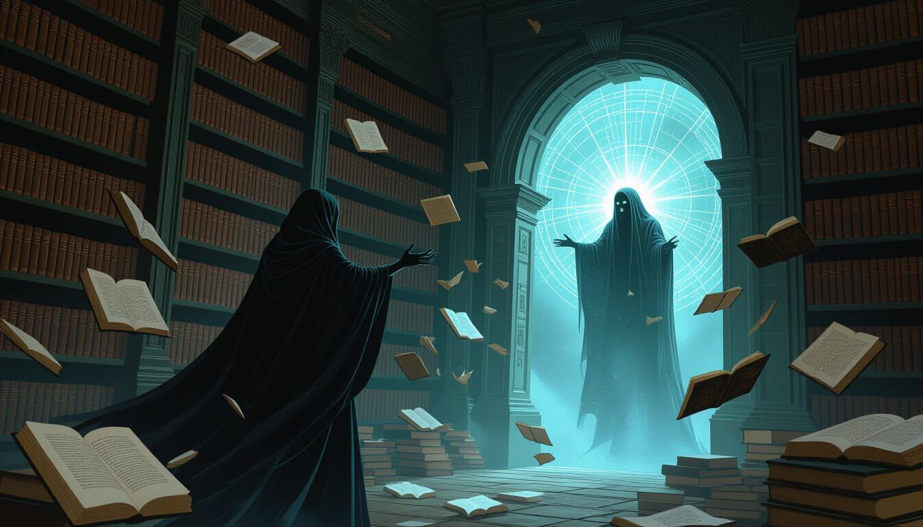 Ghostly Library with Cosmic Books and Spectral Lover