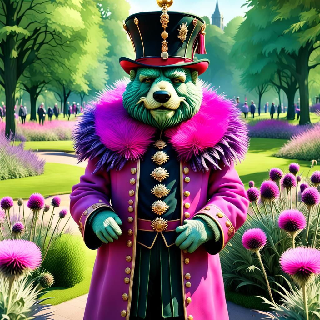 Beefeater Guard in Park with Thistle Monster, Digital Art