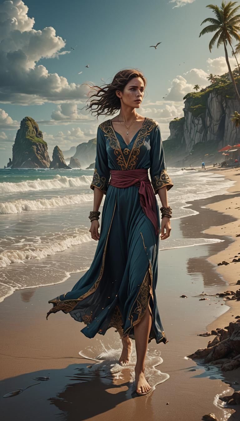 Woman on Beach in Detailed Fantasy Art