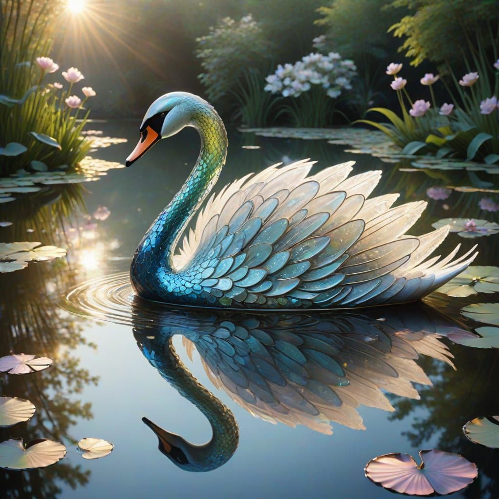 Iridescent Swan with Lace Tail, Art Nouveau Style