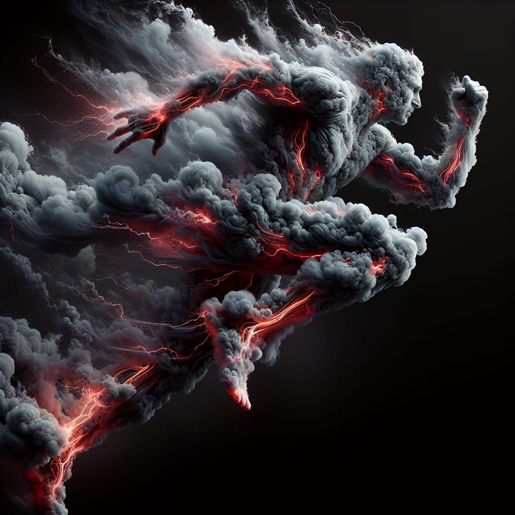 Surreal Smoke Figure With Red Glow And Lightning