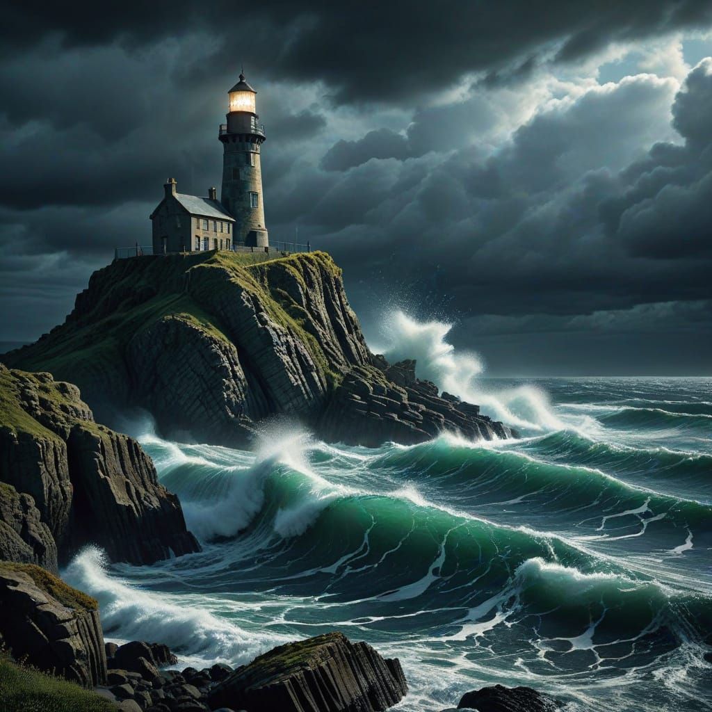 Stained Glass Lighthouse in Stormy Seas