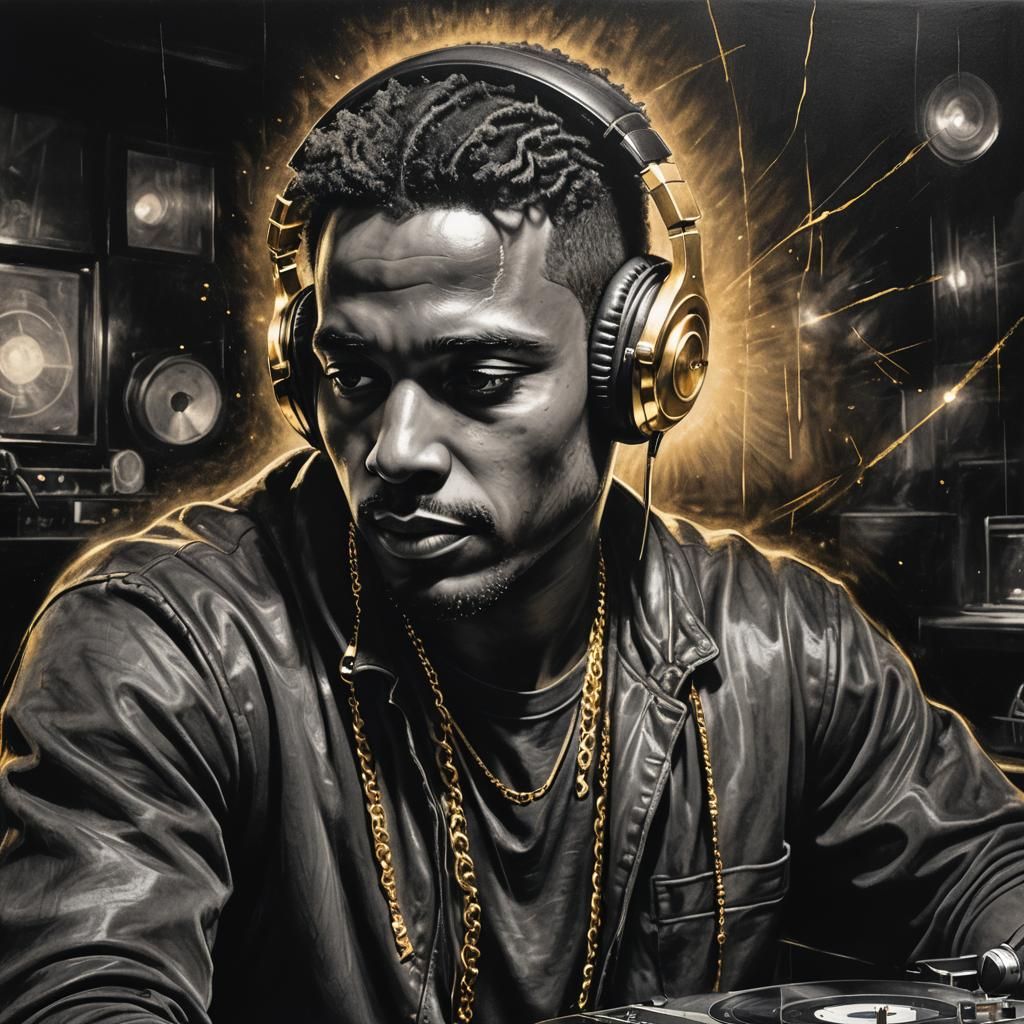 Charismatic DJ in Charcoal Drawing Style
