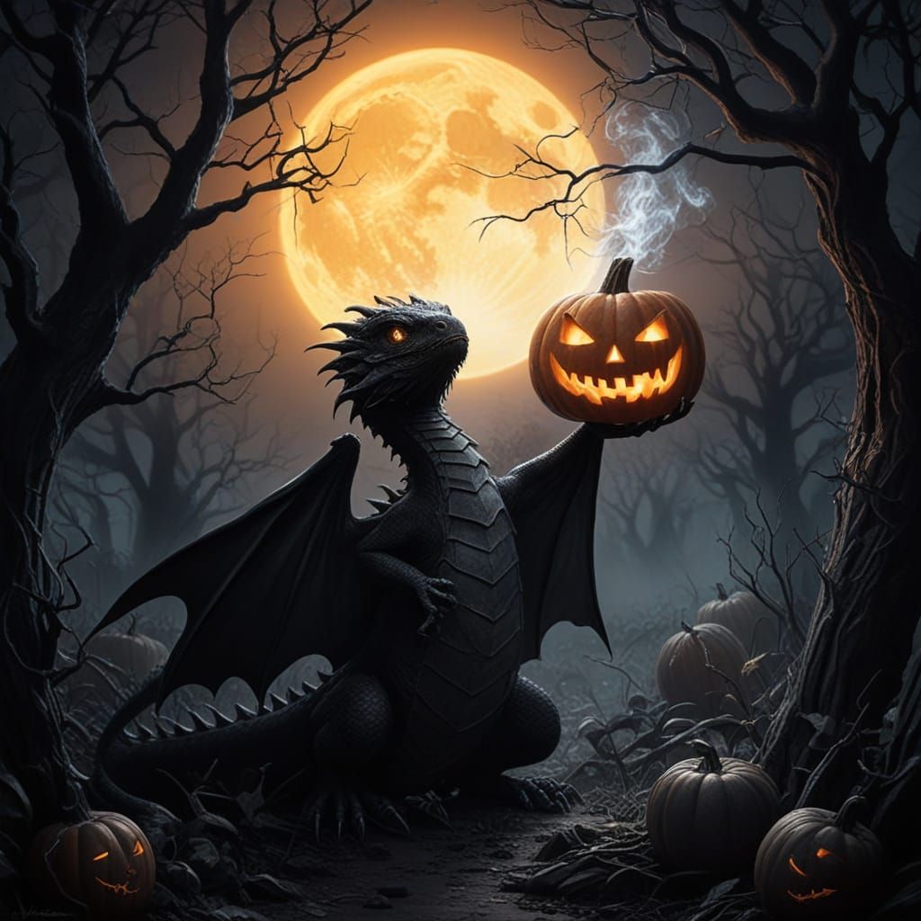 Baby Dragon Emerges From Halloween Pumpkin Patch in Charcoal...