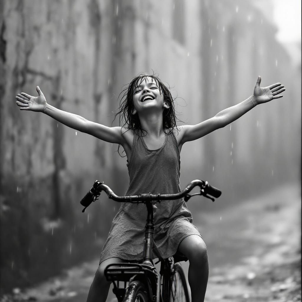 Young Girl Finds Joy in Rainy City Streets