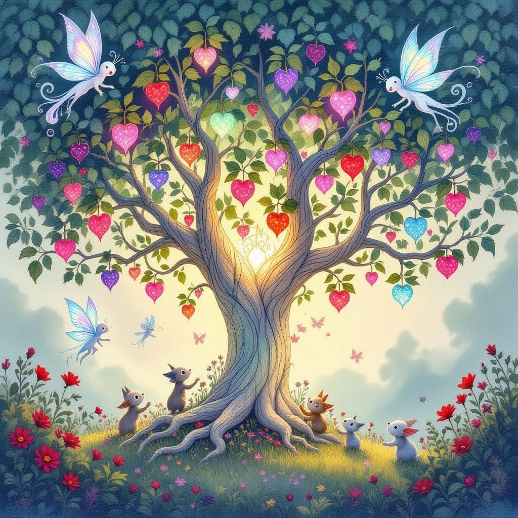 Whimsical Tree with Glowing Fruit and Fantastical Creatures ...