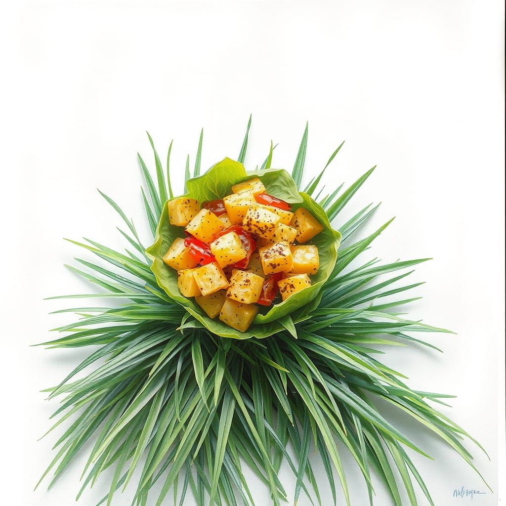 Bird's-Eye Food on Grass: Minimalist Hyperrealism