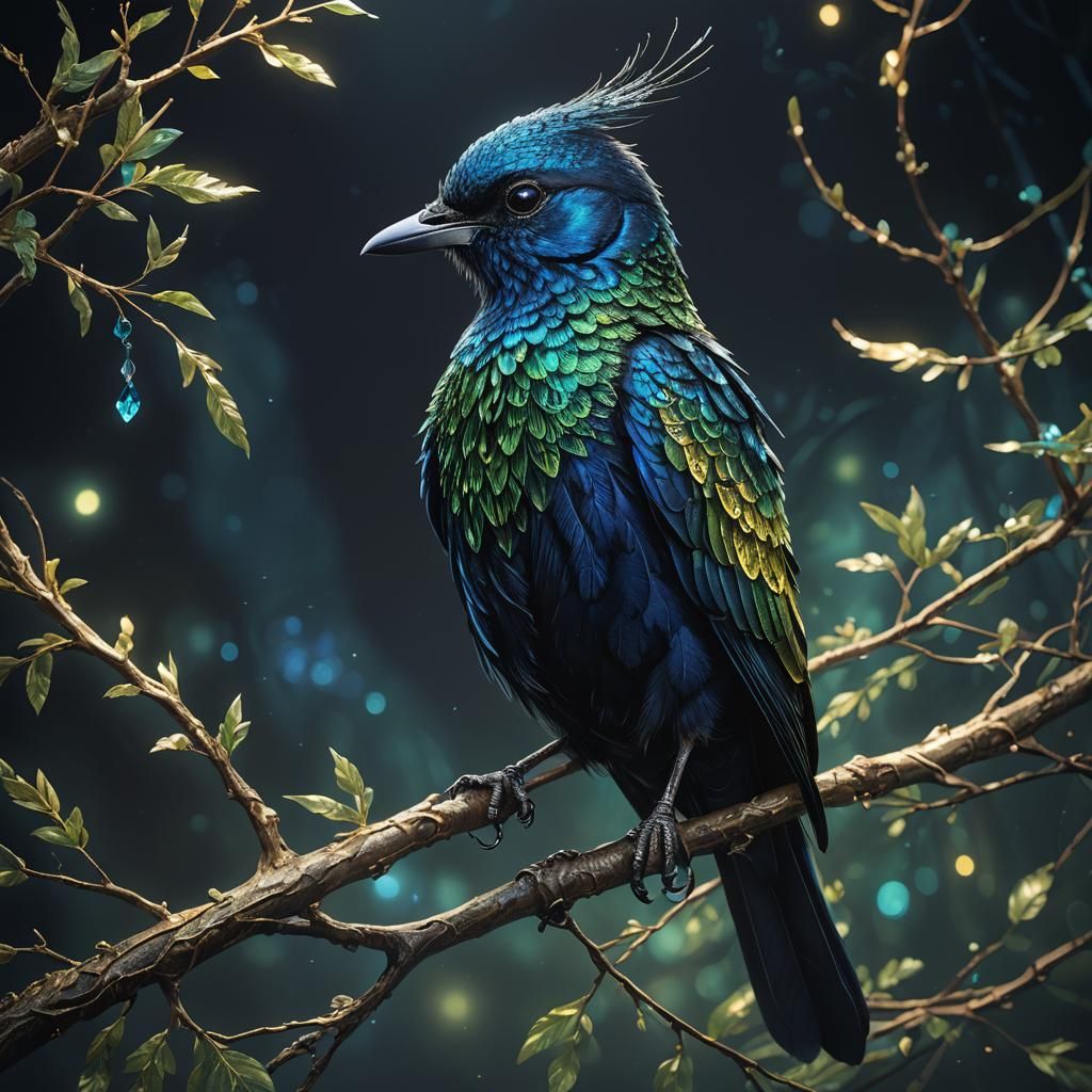 Iridescent Bird on Black, Fantasy Concept Art