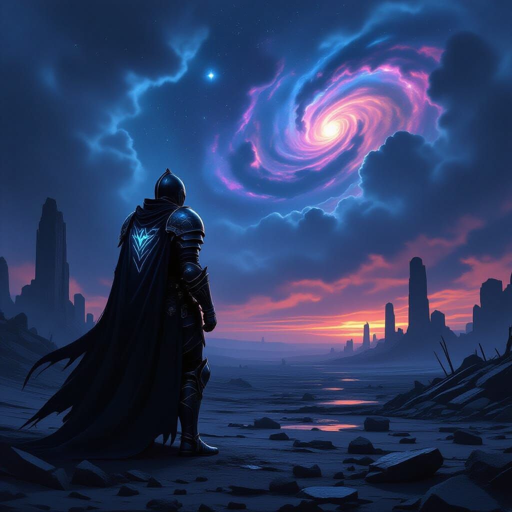 A lone knight, clad in obsidian armor etched with cosmic run...