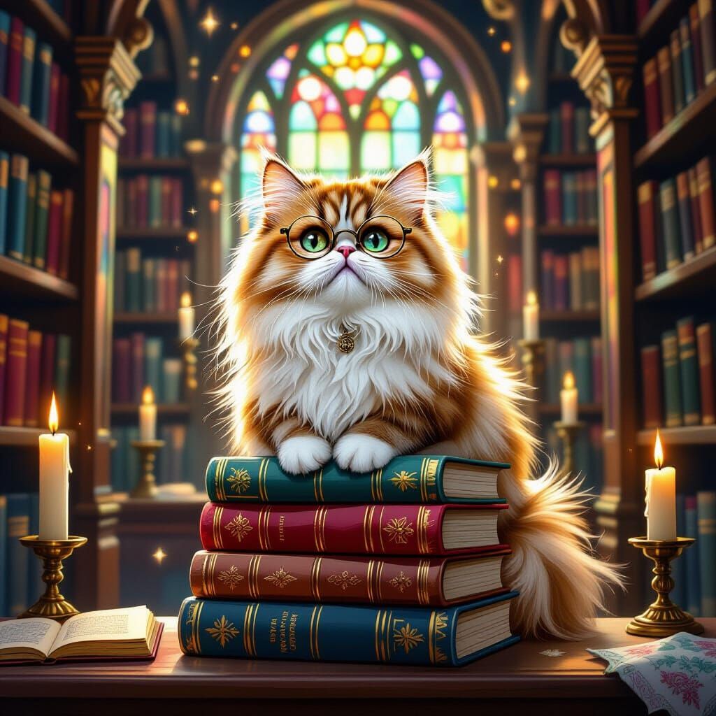 Whimsical Library Scene with Persian Cat in Magical Realism