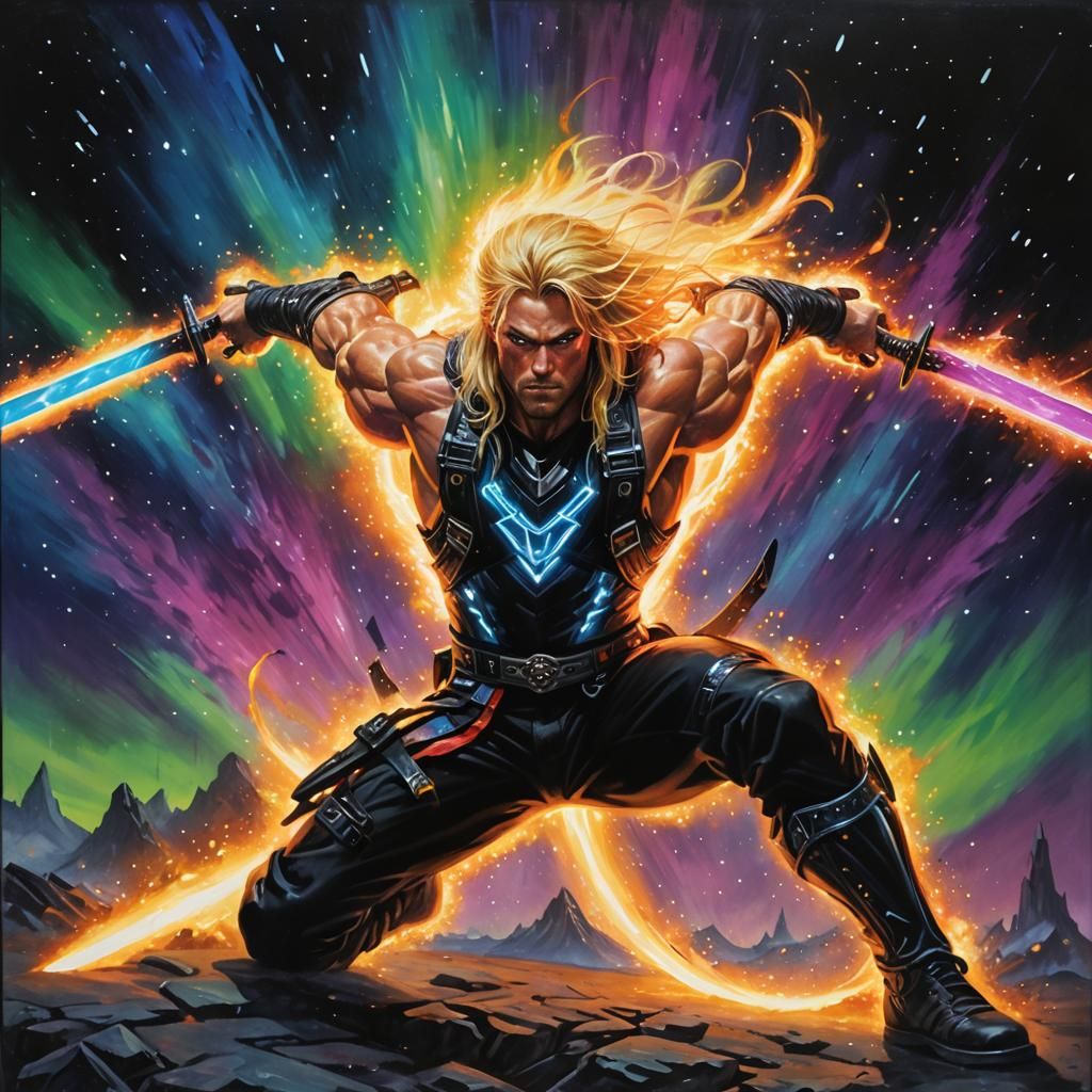 Muscular Warrior with Plasma Swords in Aurora Landscape