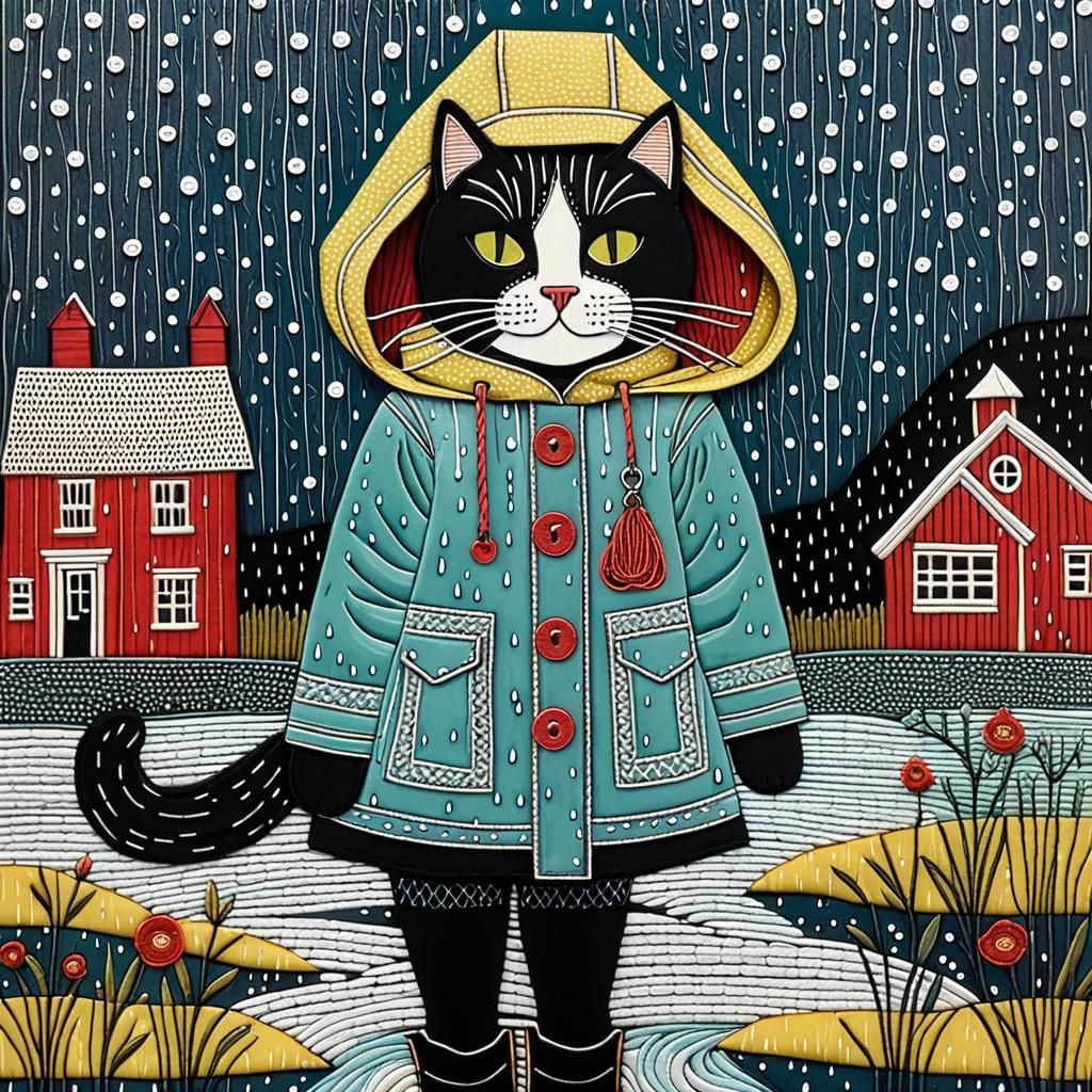 Whimsical Cat in Raincoat: Textile Folk Art