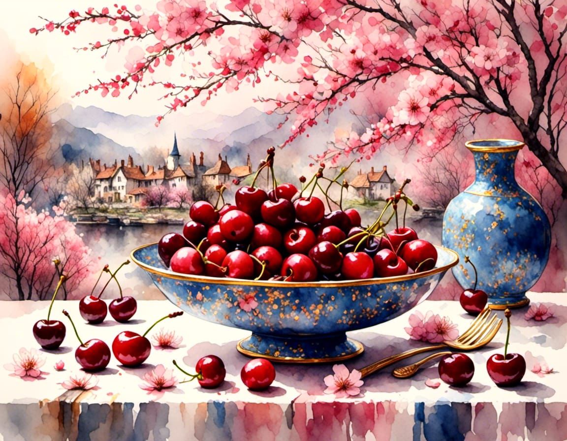 Cherries and Blossoms in Vintage Watercolor Style