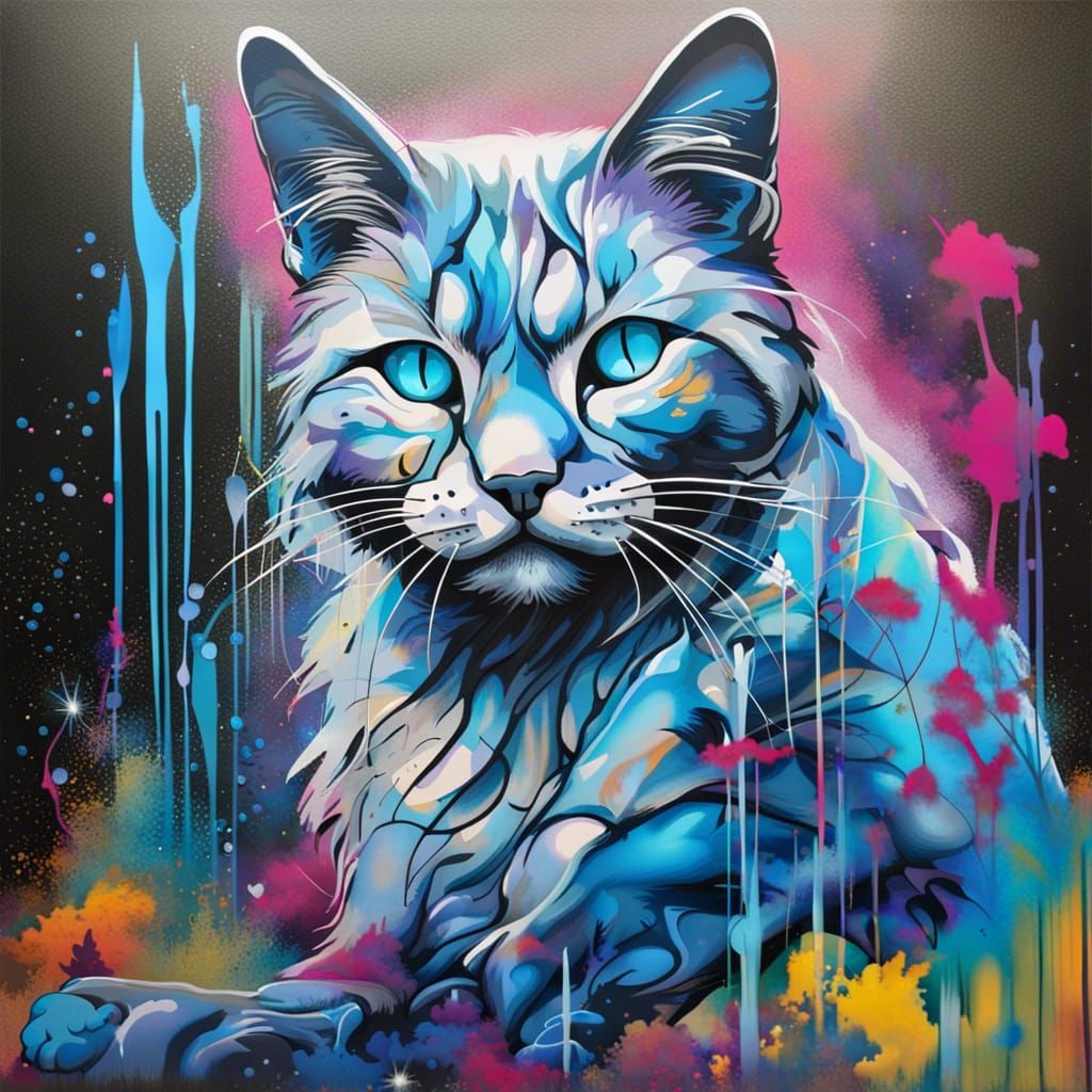 Transparent Blue Glass Cat in Graffiti Art Style