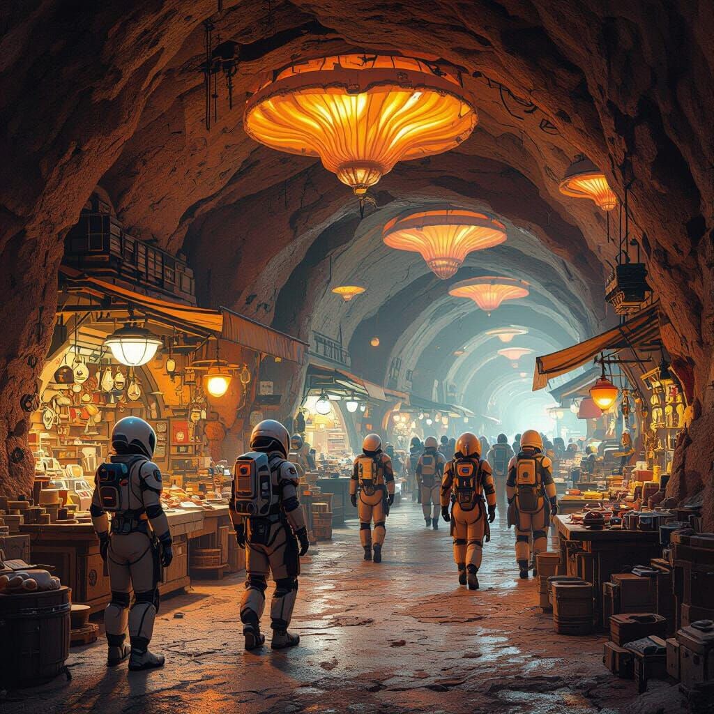 Martian Subterranean Marketplace in Moebius Style