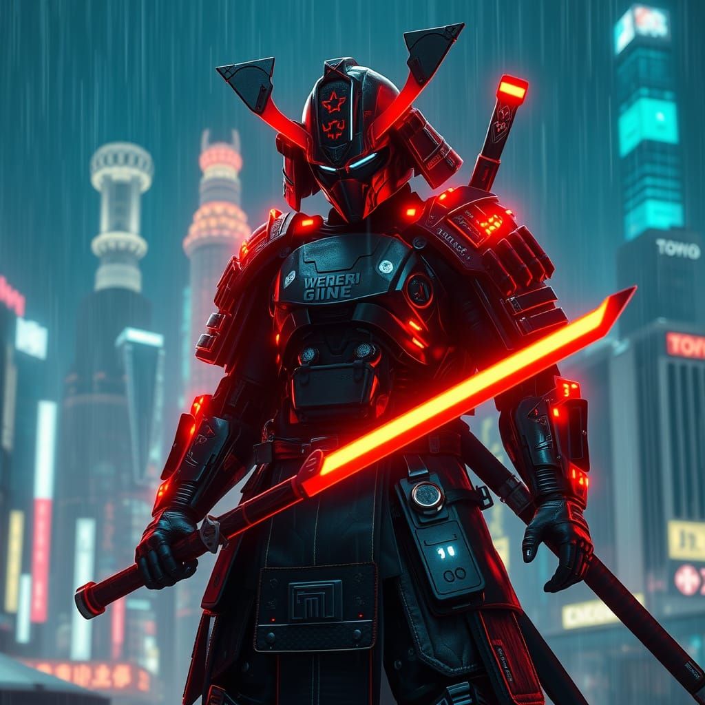Cyber Samurai in Neon Tokyo Rain with Katana