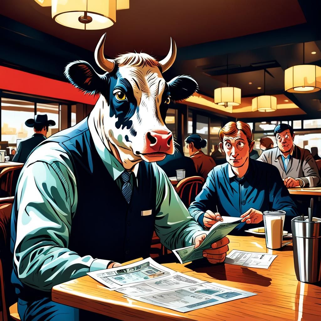Cow Paying Restaurant Bill: Modern Comic Art