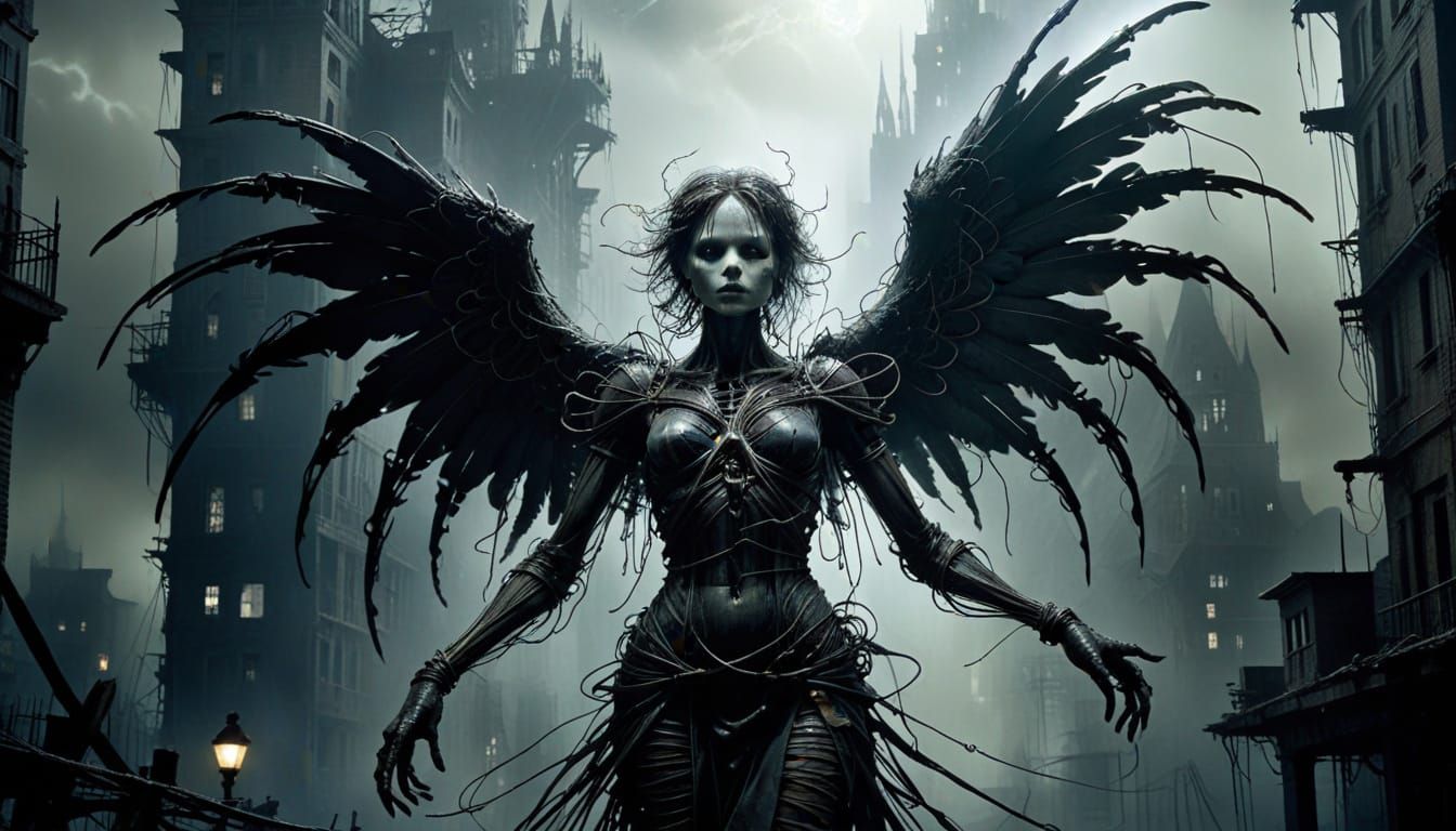 Fallen Mechanical Angel in Bio-Architectural City