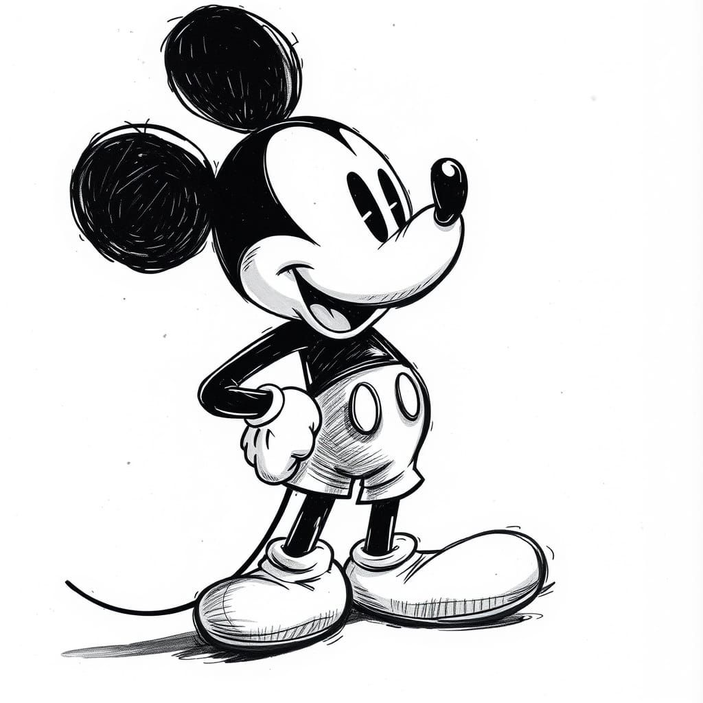 Classic Disney-Inspired Ink Drawing of Mickey Mouse