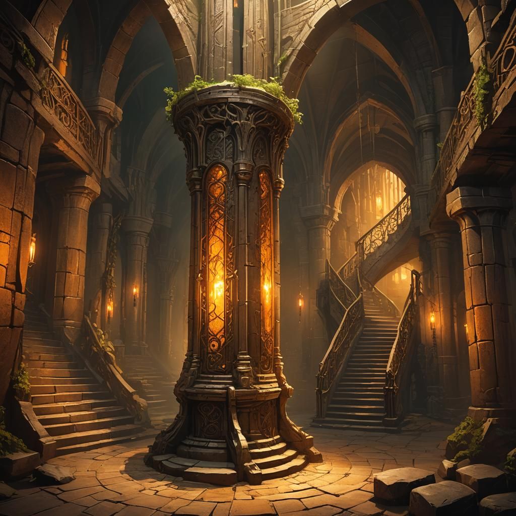 Elven Column in Amber Lit Dungeon