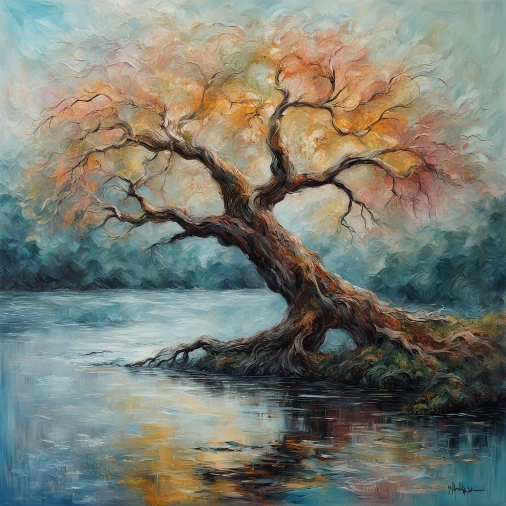 Ancient Tree Under Pastel Sky - Impasto Oil Painting