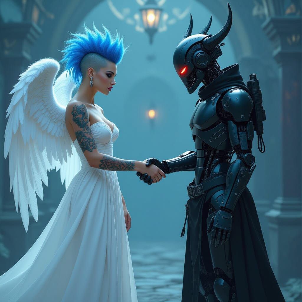 Angel and Cyborg Demon Handshake in Gothic Style